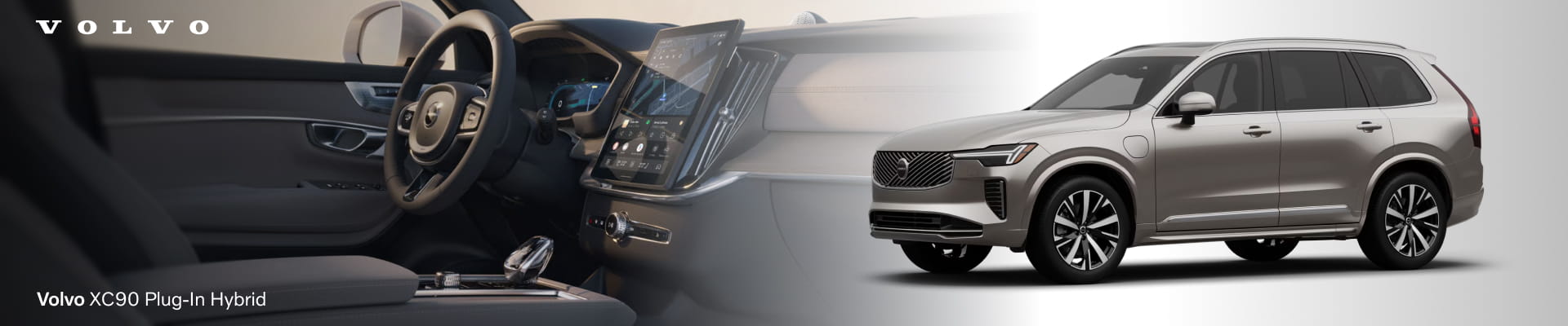 Volvo XC90 Plug-In Hybrid shown alongside its premium interior featuring a digital driver display and large center touchscreen.