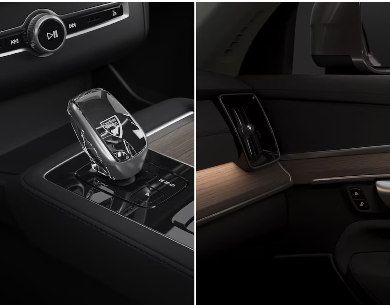 Volvo XC90 Plug-In Hybrid interior details featuring a crystal gear shifter and wood-trimmed door panel.