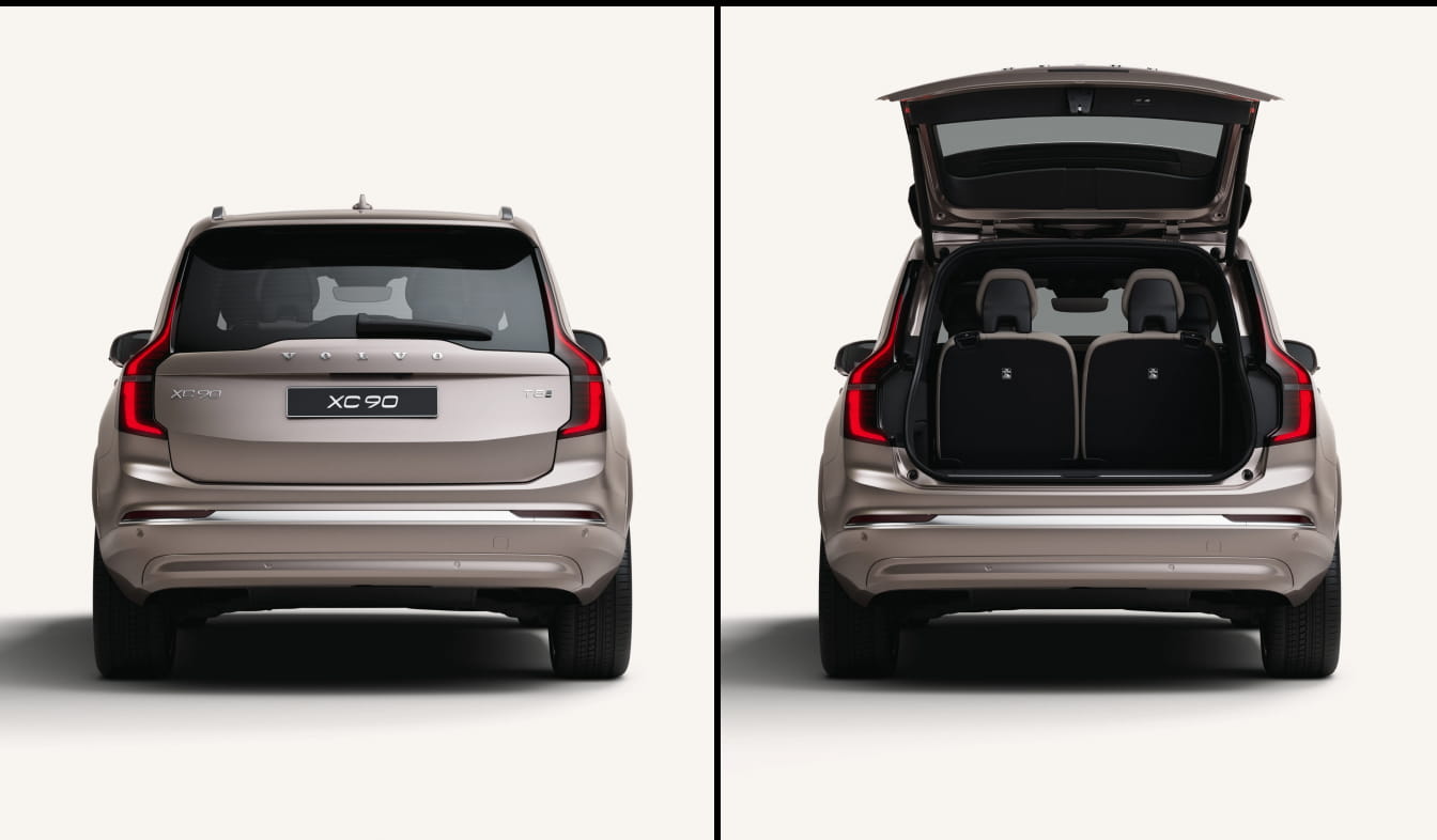 Rear views of the Volvo XC90 Plug-In Hybrid showing the liftgate closed and open to reveal the cargo area.