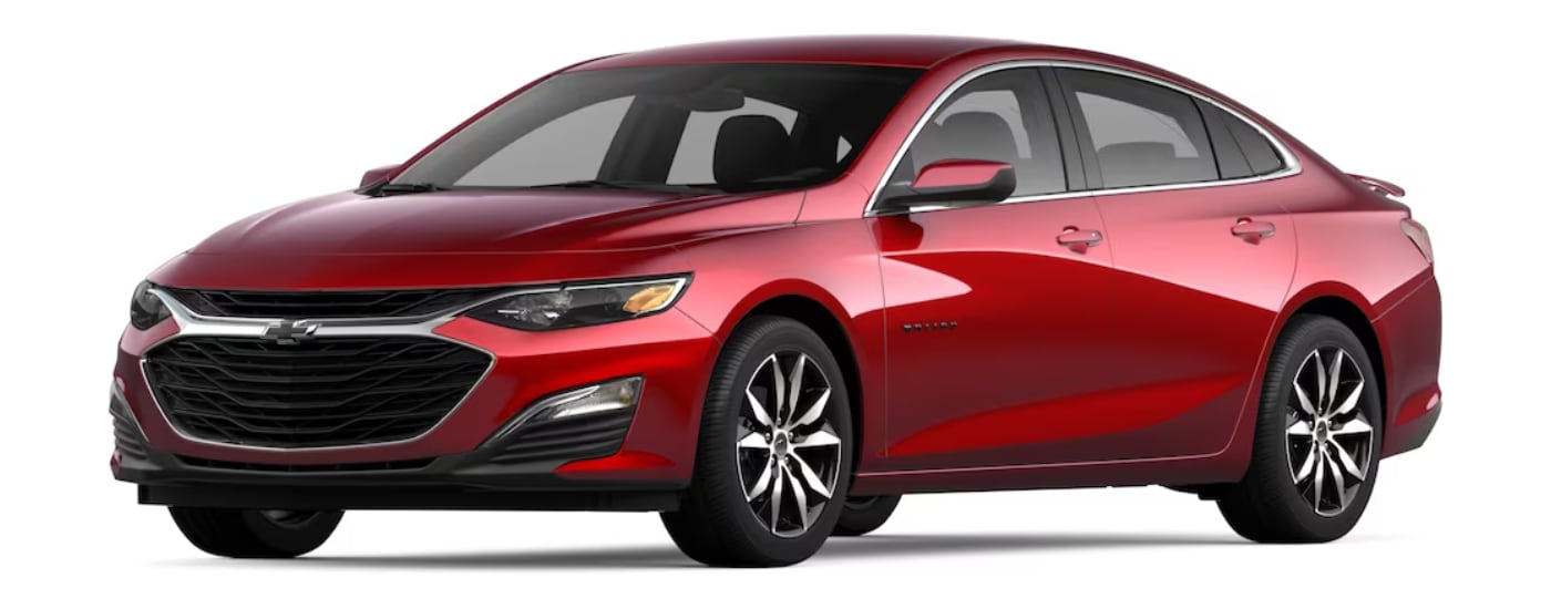 A red 2024 Chevy Malibu is shown angled left.