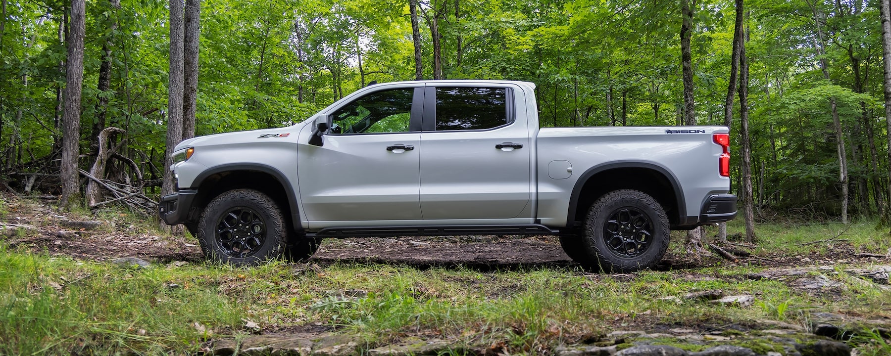 A grey 2023 Chevy Silverado 1500 ZR2 Bison is shown from the side on a forest trail.