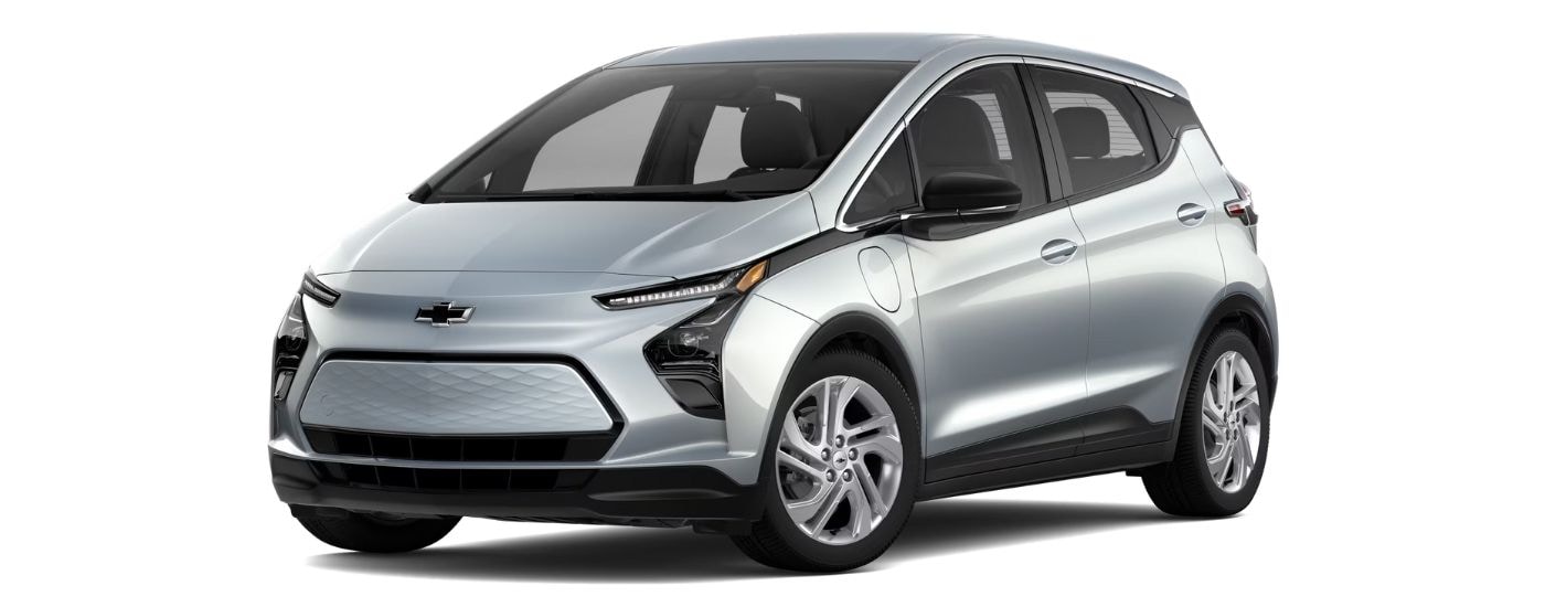 A silver 2023 Chevy Bolt EV 1LT  is angled left.