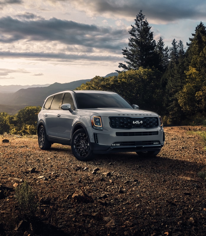 2022-KIA-Telluride-SX-SUV.png light silver Kia Telluride SUV parked on a brown, rocky ledge in an evergreen forest area