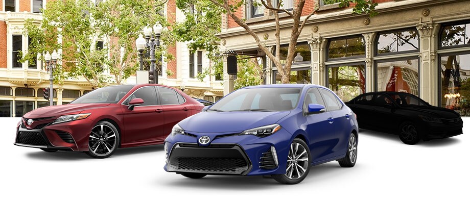 2018 red Camry and 2018 blue Corolla 2018 red Camry and 2018 blue Corolla