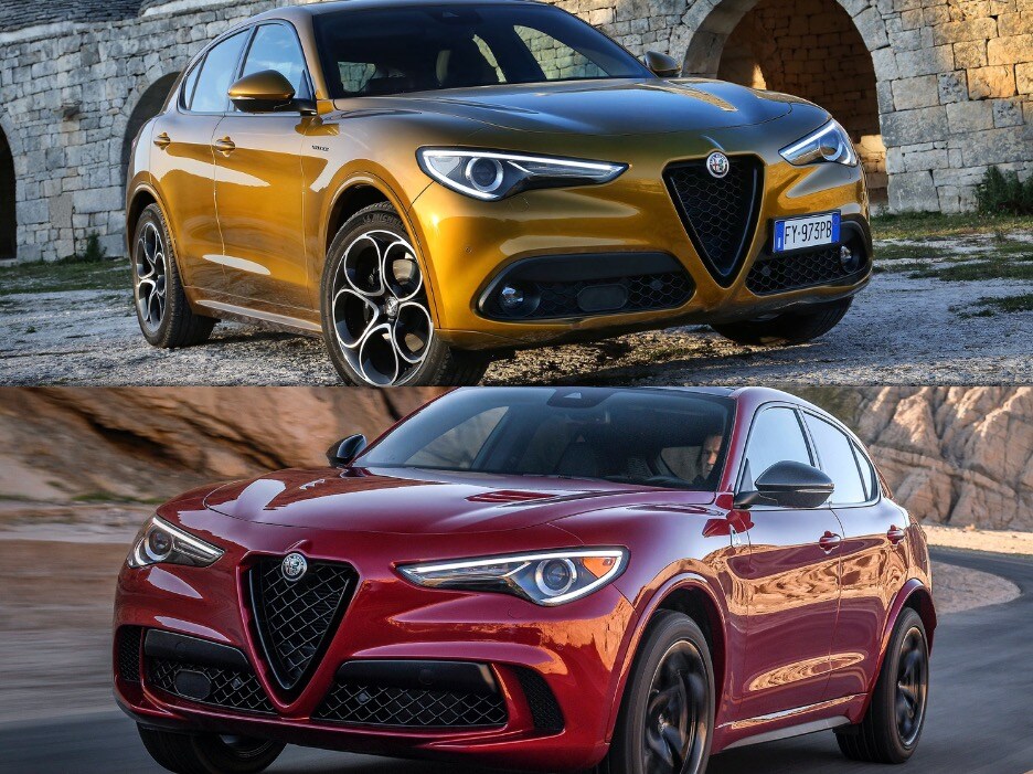 Des Sources Chrysler - Stelvio vs Stelvio Quadrifoglio 1.0.jpg comparaison entre l'Alfa Romeo Stelvio 2020 jaune et Stelvio Quadrifoglio 2020 rouge