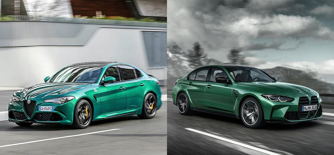 comparatif entre l'Alfa Romeo Giulia Quadrifoglio 2021 (gauche) et la BMW M3 2021 (droite)