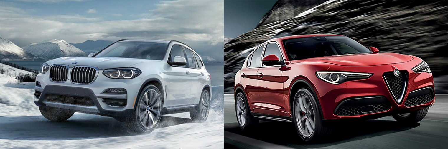 Comparatif entre le BMW X3 2021 (gauche) et l'Alfa Romeo Stelvio 2021 (droite)