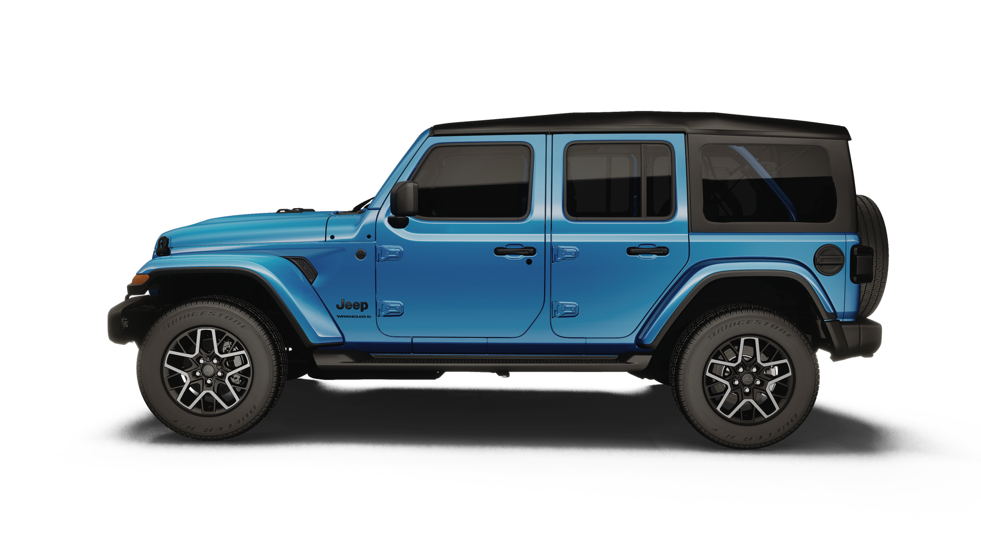 A 2027 Jeep Wrangler Sahara 4-door in Hydro Blue, side view