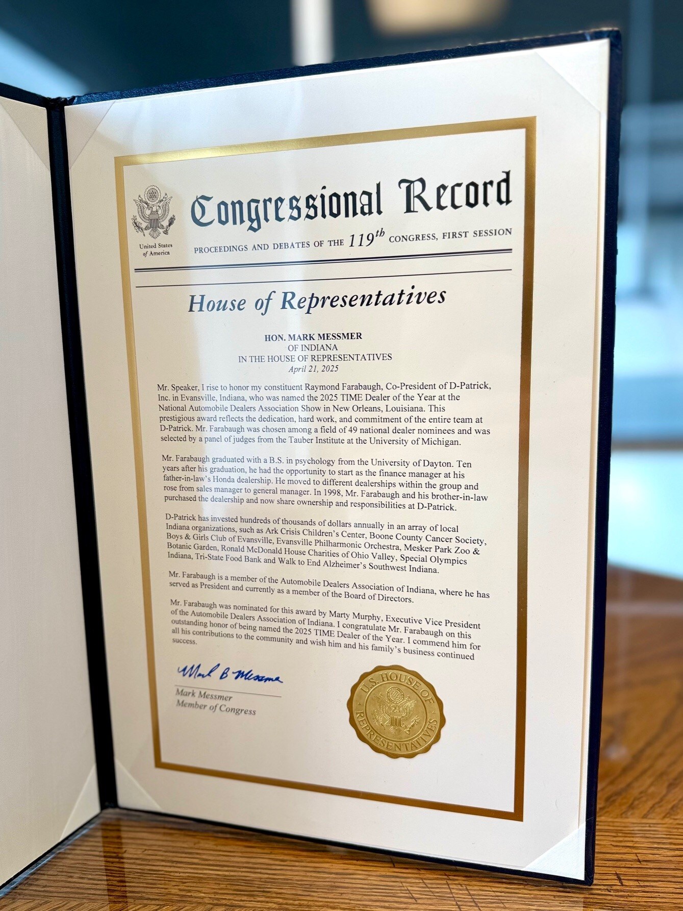 Time Dealer of the Year Award, Ray Farabaugh. Congressional Record 2025