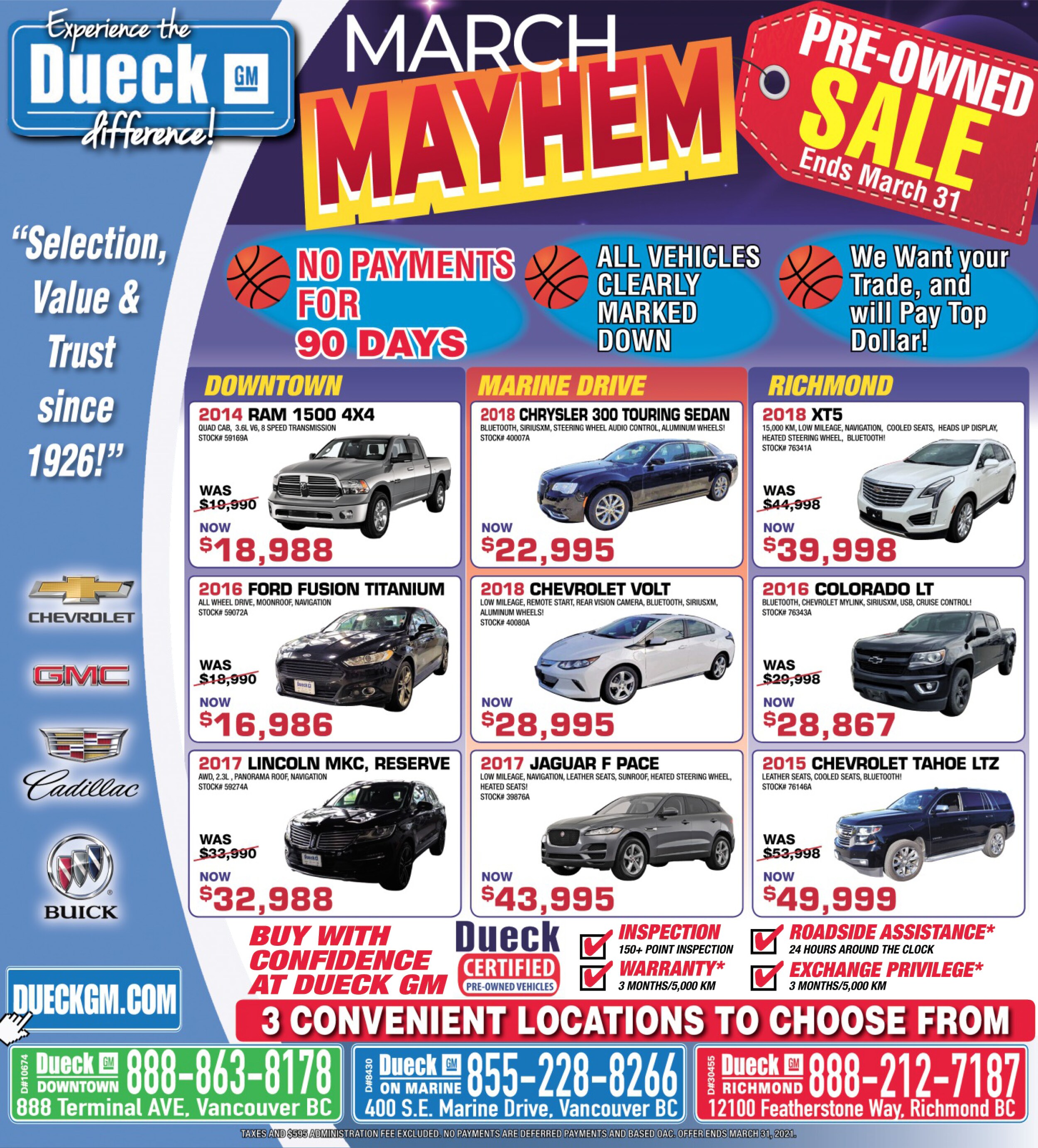 Used car ad march mayhem pre owned vehicles all makes and models best prices trades welcome.jpg