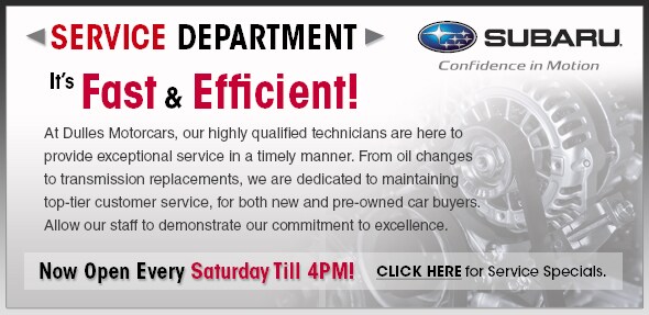 subaru-fast-efficient-new.jpg Dulles
Leesburg Subaru Service Center: It's Fast and Efficient! At Dulles Subaru, our
highly qualified technicians are here to provide exceptional service in a timely
manner. From oil changes to transmission replacements, we are dedicated to
maintaining top-tier customer service, for both new and pre-owned car buyers.
Allow our staff to demonstrate our commitment to excellence. Service Specials.