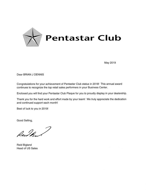 Pentastar Club Status Award