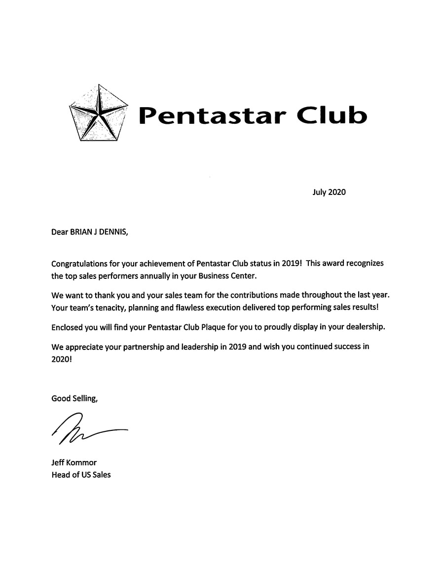 2019 Pentastar Club Status Award Eastchester