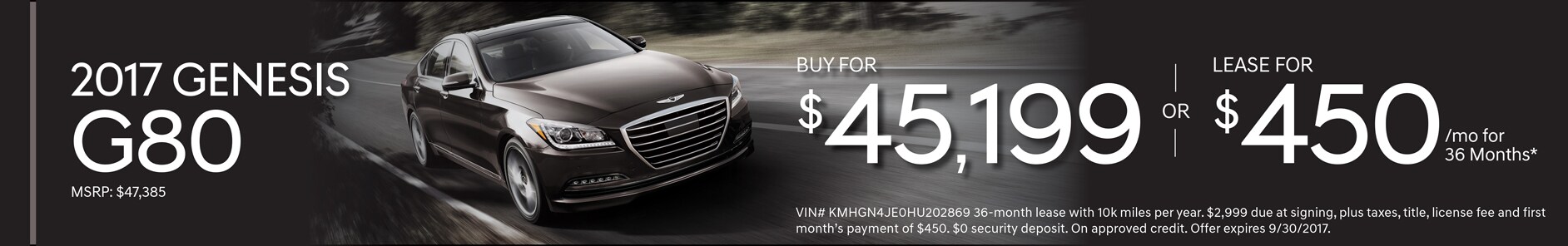 Lease 2017 Genesis G80 $450