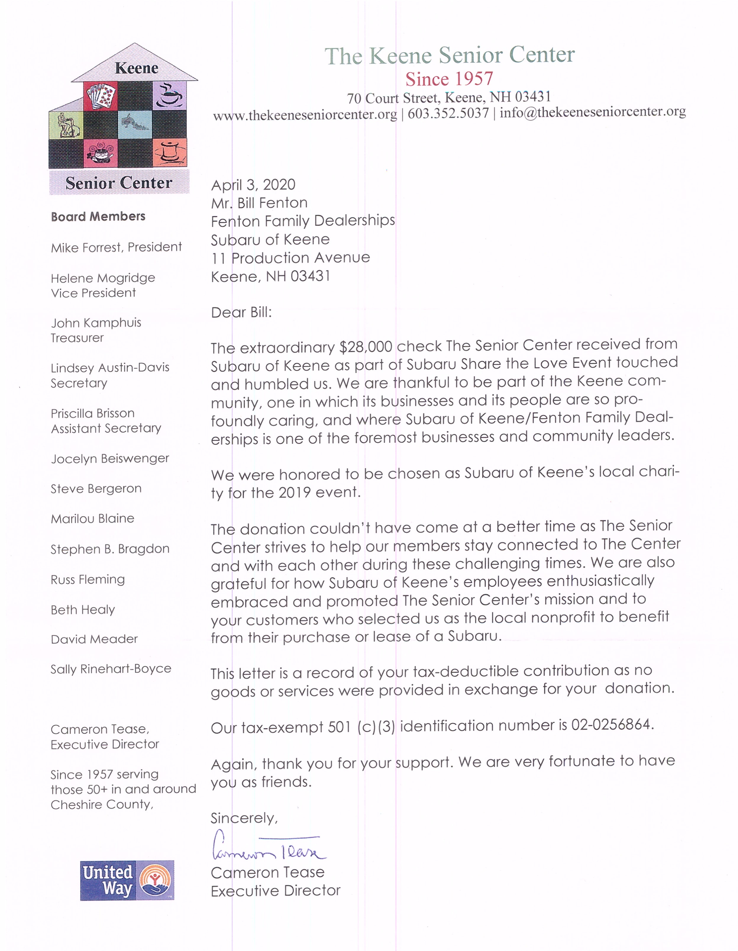 Thank you letter from the Keene Senior Center