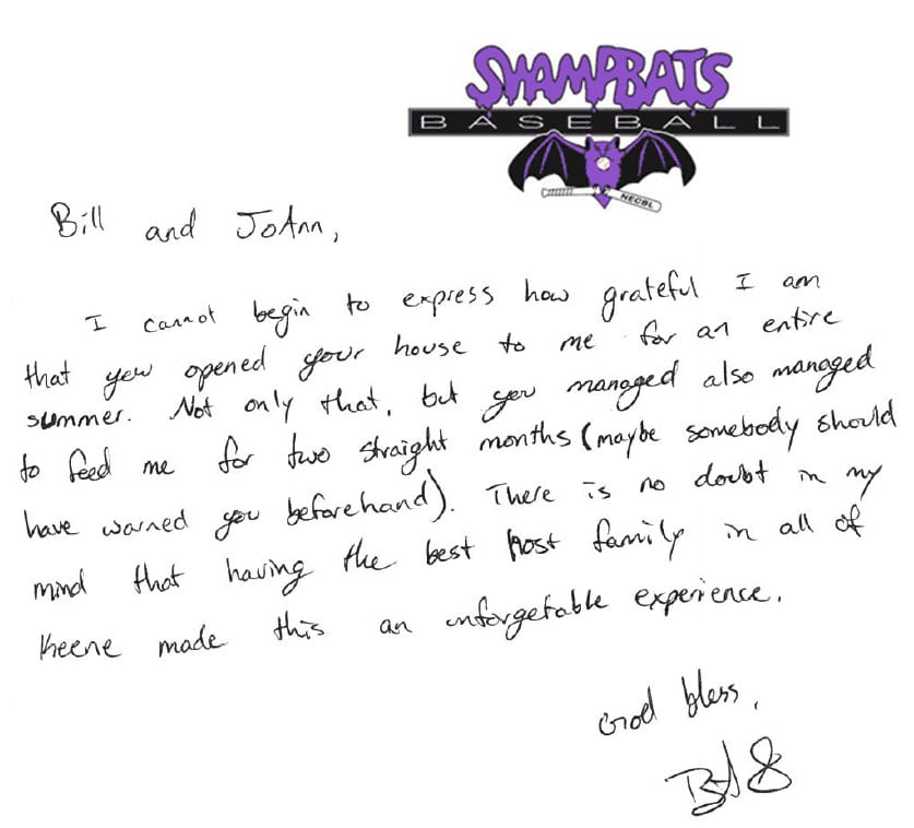 Swamp Bats Thank you letter
