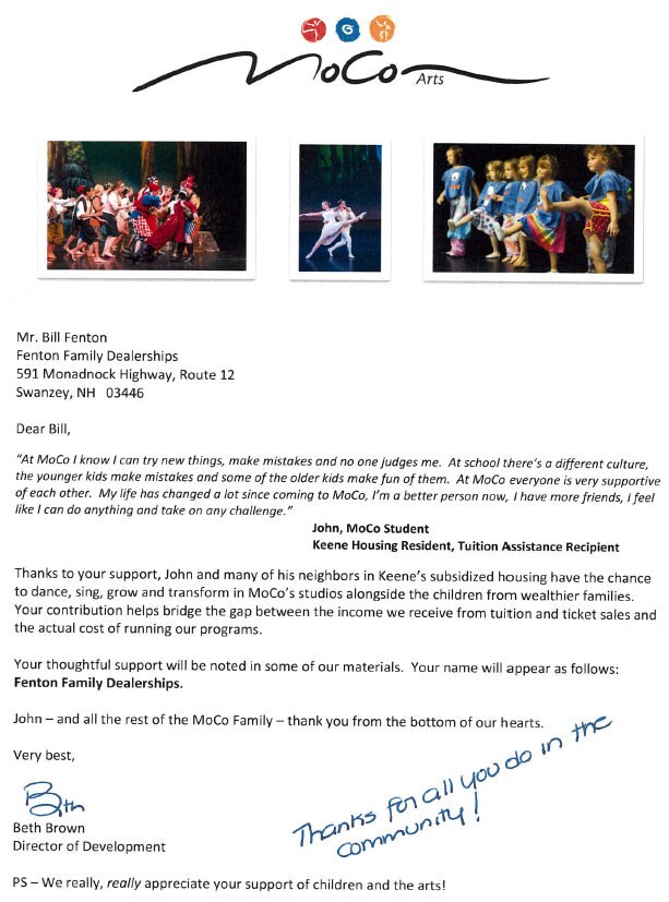 Thank You Letter From MOCO Arts in Keene, NH