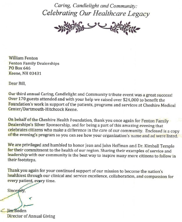 Thank You Letter From Cheshire Health in Keene, NH