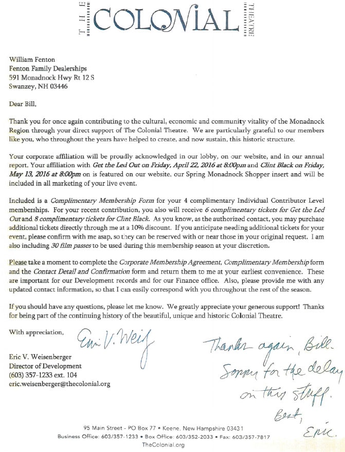 Colonial Theater Thank You Letter to the Fenton Family Dealerships