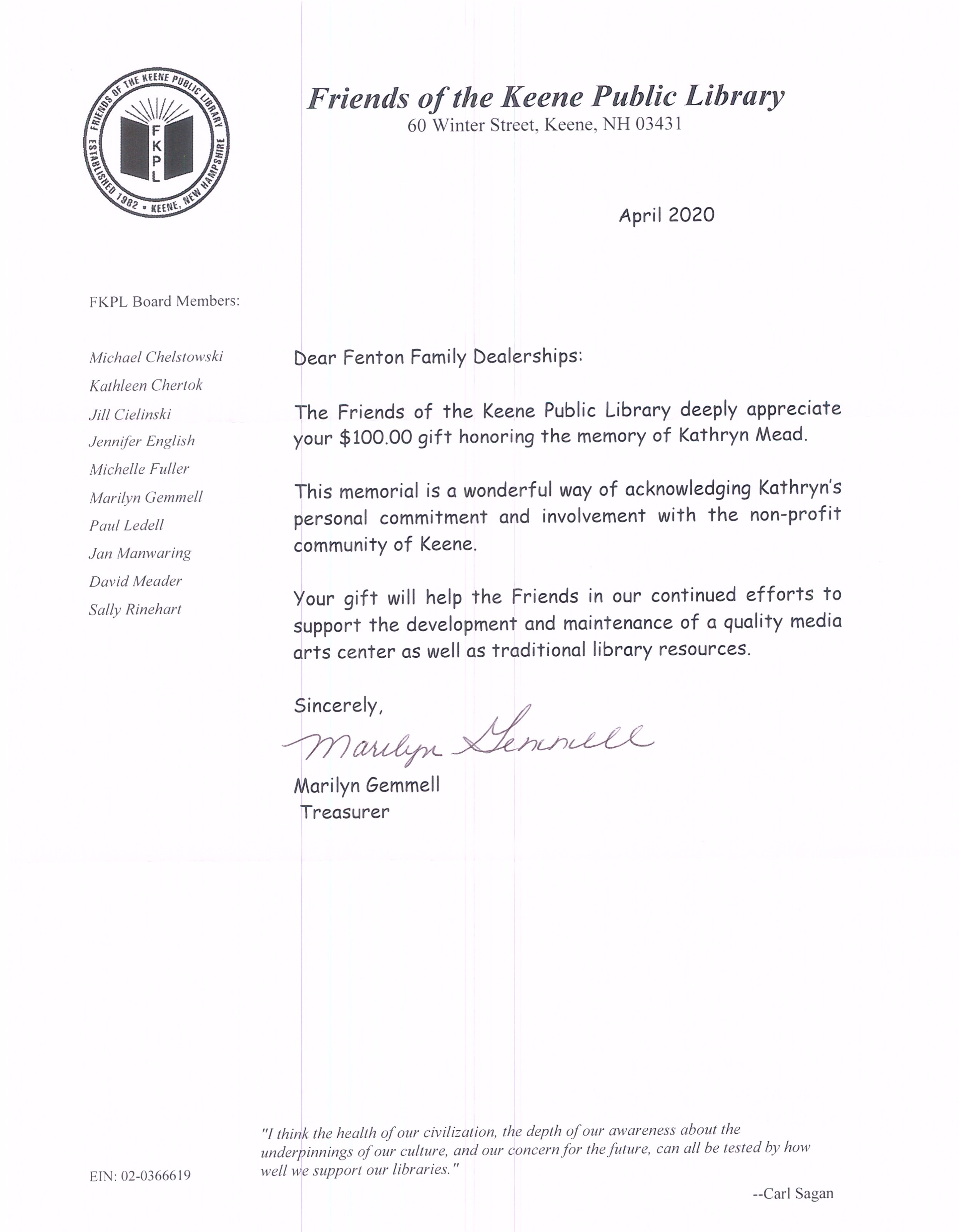 Thank You Letter from the Keene Public Library