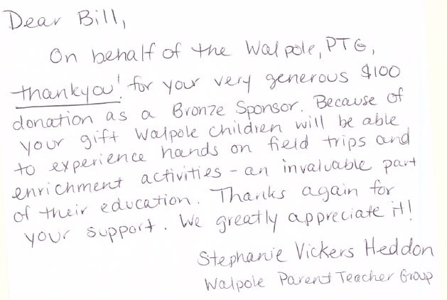 Walpole Project Teachers Group Thank You Letter