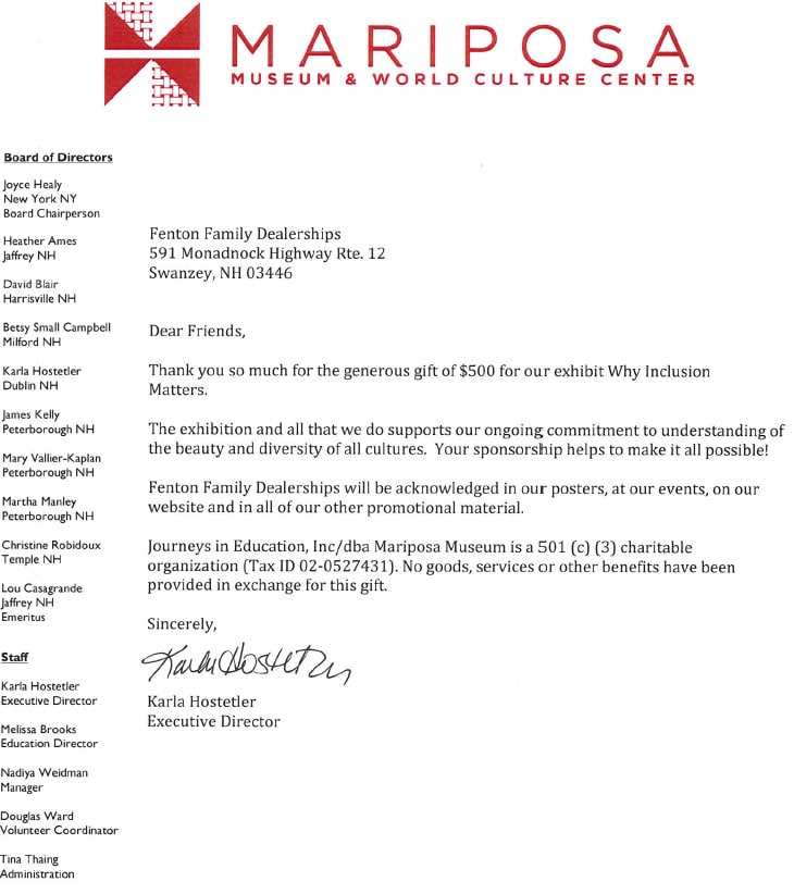 Mariposa Museum and World Culture Thank You Letter to Fenton Family Dealerships
