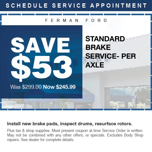 Standard Brake Service - Per Axle - Save $53. Was $299 , now $245.99. Install new brake pads, inspect drums, resurface rotors. Plus tax & shop supplies. Excludes body shop repairs. See dealer for complete details.