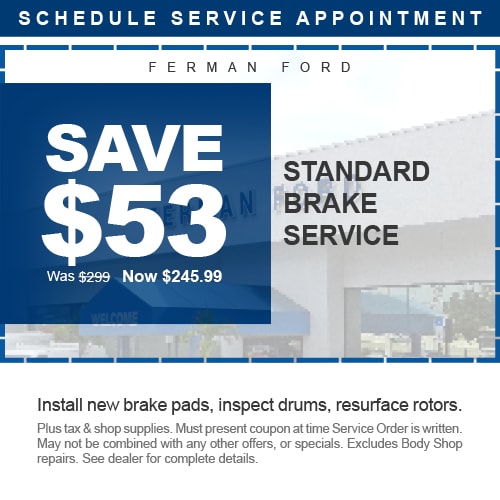 Standard Brake Service - Save $53. Was $299 , now $245.99. Install new brake pads, inspect drums, resurface rotors. Plus tax & shop supplies. Excludes body shop repairs. See dealer for complete details.