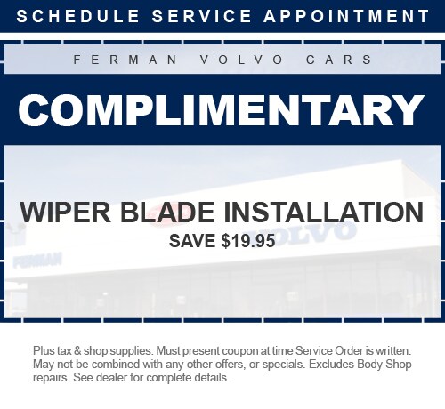 Complimentary Wiper Blade installation $ Save 19.95 - Plus tax & shop supplies. Must present coupon at time Service order is written. May not be combined with any other offers , or specials. Excludes Body Shop repairs. See dealer for complete details.