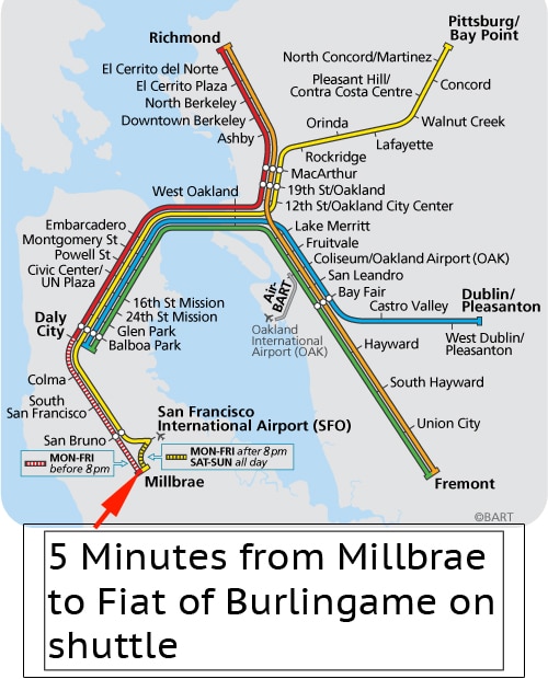 5 Minutes from Millbrae to Fiat of Burlingame on shuttle