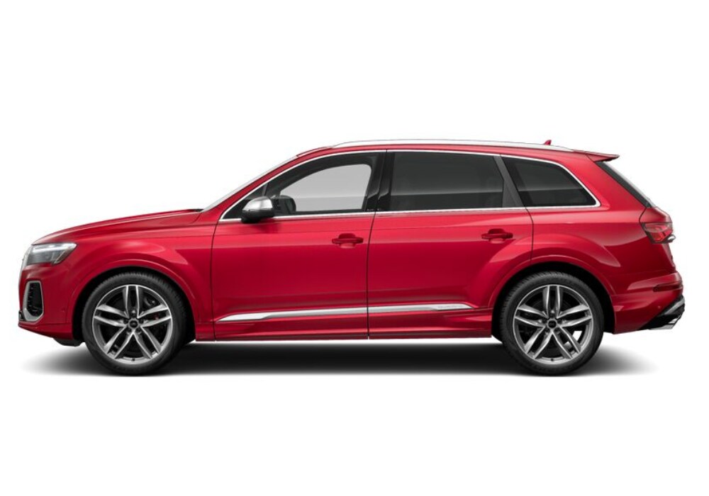 audi-suv-sq7.png A red 2025 Audi SQ7 SUV parked on a white background. The SUV is shown in profile, with the driver's side facing the camera. It highlights the sleek lines, sporty wheels, and chrome accents of the vehicle