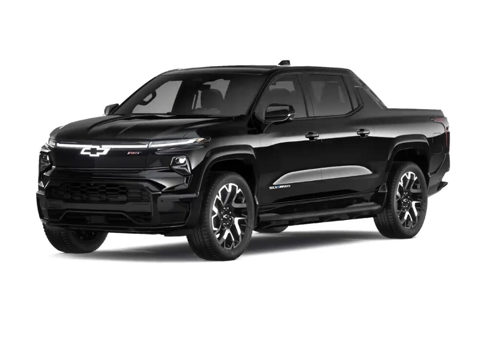 chevy-silverado-ev.png Stock photo of a 2024 Chevy Silverado EV pickup in the color black in front of a white background