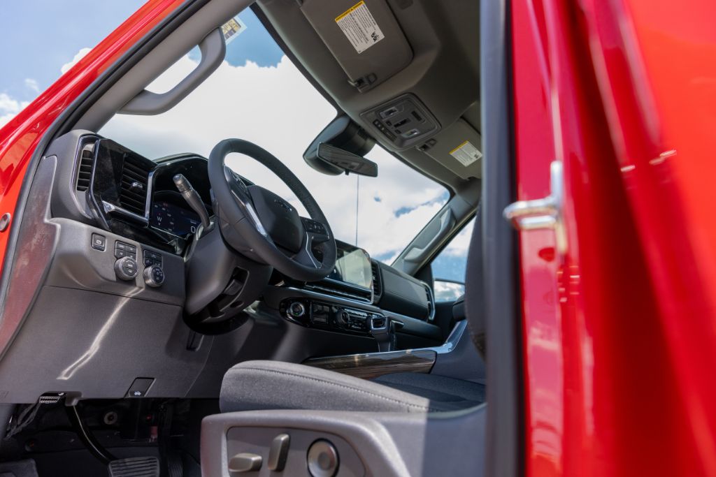 new-chevrolet-silverado-1500-for-sale.jpg Front driver side interior view of a 2024 Chevrolet Silverado truck for sale in NC