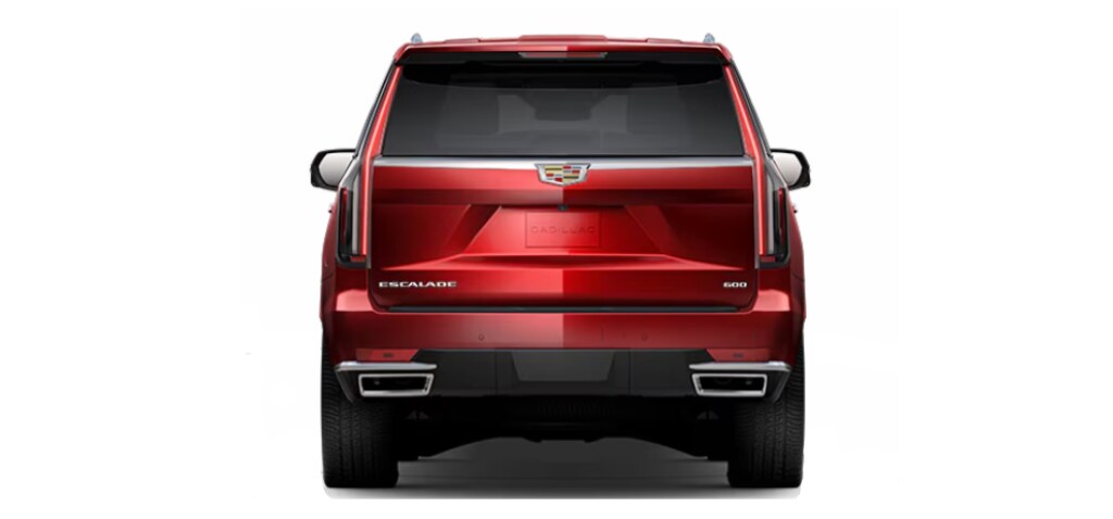 flwo-cadillac-escalade.png Red 2024 Cadillac Escalade rear view in front of a white background