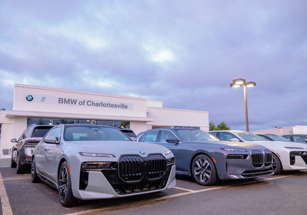 used-bmw-charlottesville.png A lineup of BMW sedans parked in the lot out front of the BMW of Charlottesville dealership
