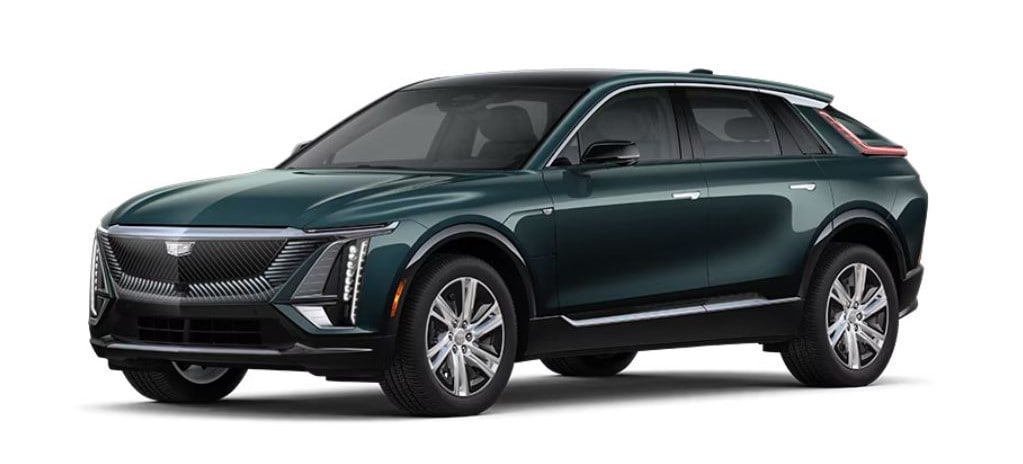 2024 Cadillac Lyriq for sale, front side view of SUV shown in an Emerald Lake Metallic exterior color