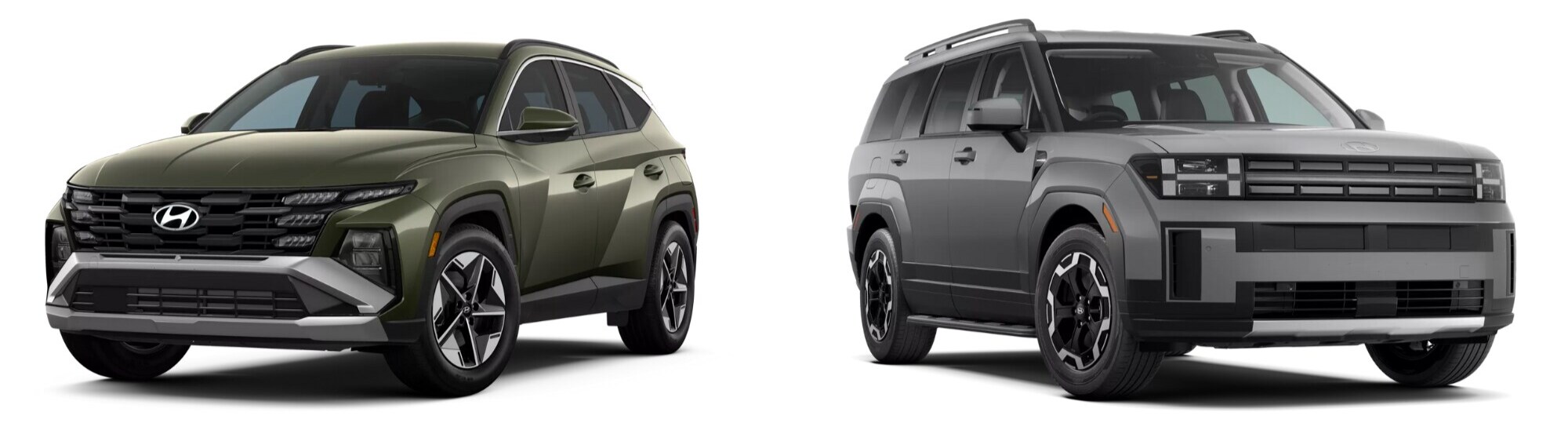 hyundai-santa-fe-vs-tucson-comparison-2000x540.png A green 2025 Hyundai Tucson pictured to the left of a gray 2025 Hyundai Santa Fe in front of a white background