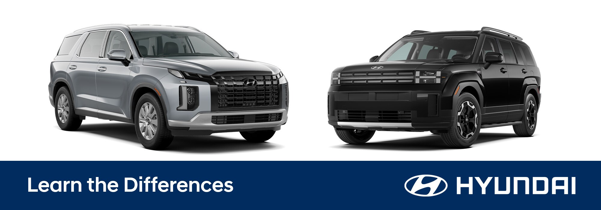 hyundai-santa-fe-vs-palisade.jpg Hyundai Santa Fe and Hyundai Palisade facing each other. Beneath the models, there is text that reads Learn the Differences