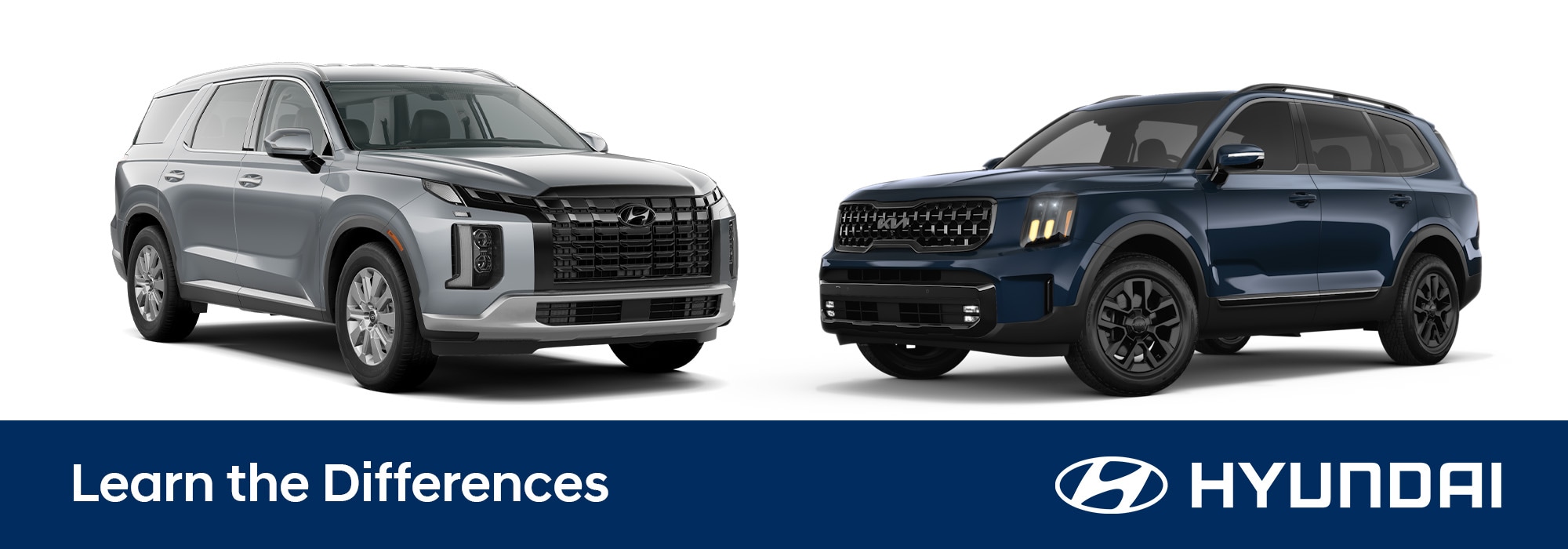 kia-telluride-vs-hyundai-palisade.jpg Hyundai Palisade and Kia Telluride facing each other. Beneath the models, there is text that reads Learn the Differences