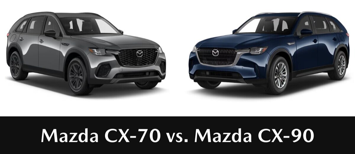 mazda-cx-70-vs-cx-90-comparison-1200x523.png Gray Mazda CX-70 shown next to a blue Mazda CX-90, below are the word: Mazda CX-70 vs. Mazda CX-90