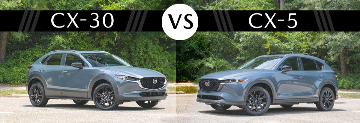 Photo shows a Mazda CX-30 on the left and a Mazda CX-5 on the right. The words CX-30 vs Cx-5 appear overhead