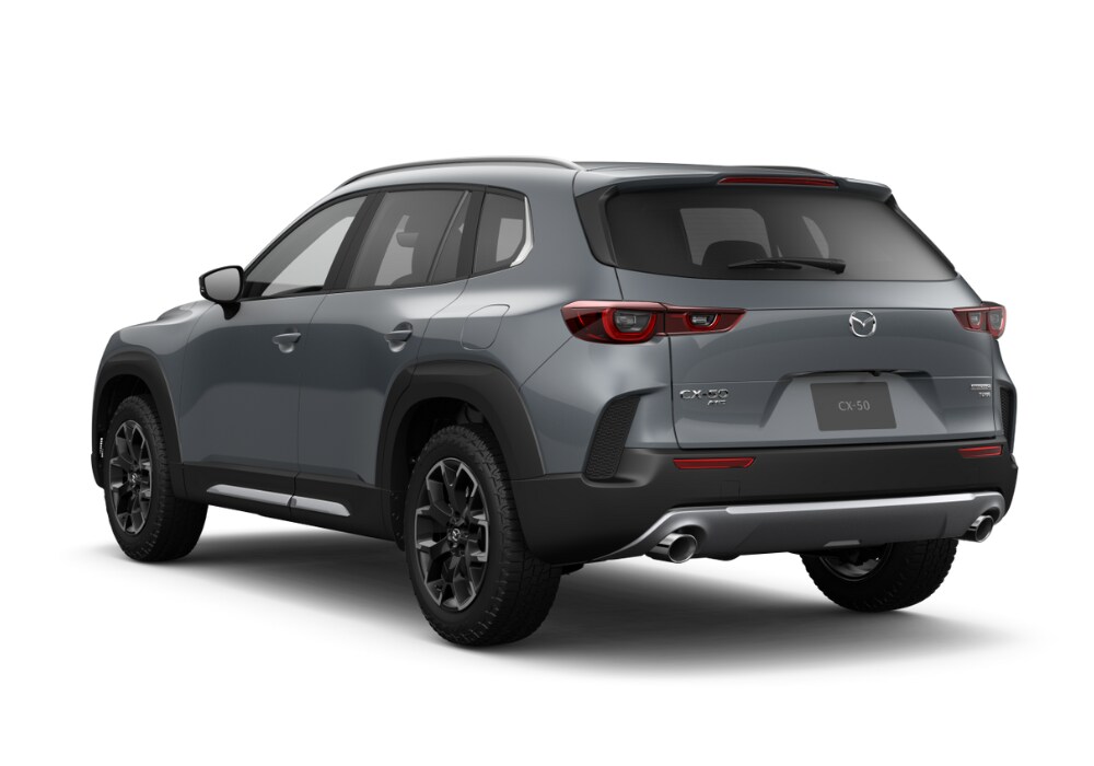 new-mazda-cx-50-for-sale-near-me.png Rear exterior view of the 2025 Mazda CX-50 in front of a white background