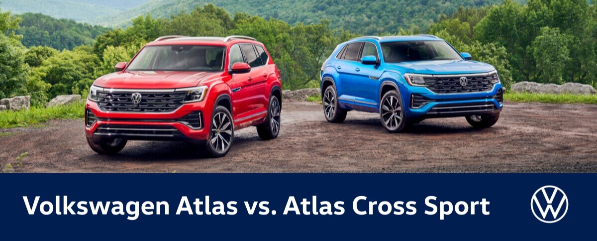 volkswagen-atlas-vs-atlas-cross-sport-1200x485.png A red Volkswagen Atlas parked next to a blue VW Atlas Cross Sport with mountains in the background. There is text at the bottom that say Volkswagen Atlas vs Atlas Cross Sport