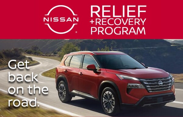 nissan-recovery-program.png Nissan Relief and Recovery Program. Get Back on the Road. Photo shows red Nissan SUV driving on a mountain road