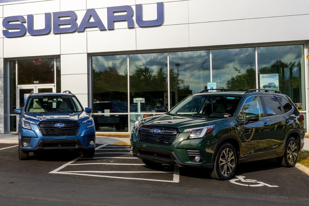 new-subaru-cars-nc.jpg New Subaru SUVs for sale in front of local Subaru dealership in North Carolina