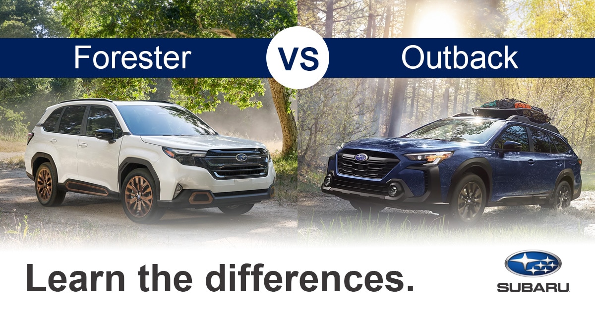 Image shows a white Subaru Forester to the left and a blue Subaru Outback to the right. At the top of the image there it text that reads Forester vs Outback, and at the bottom of the image, there is test that says Learn the Differences. There is also a blue Subaru logo in the bottom righthand corner of the image
