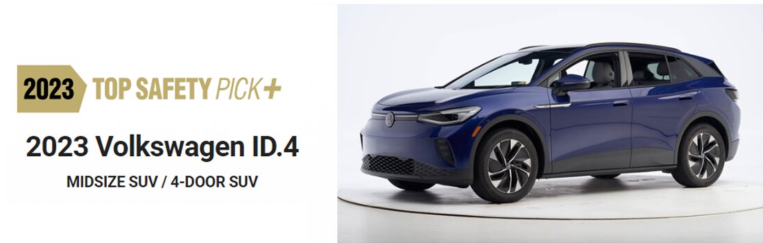 VW-ID.4-TopSafetyPick.jpg 2023 top safety pick plus. 2023 Volkswagen ID.4 Midsize SUV 4 Door SUV. Image on the right showing a dark blue VW ID.4