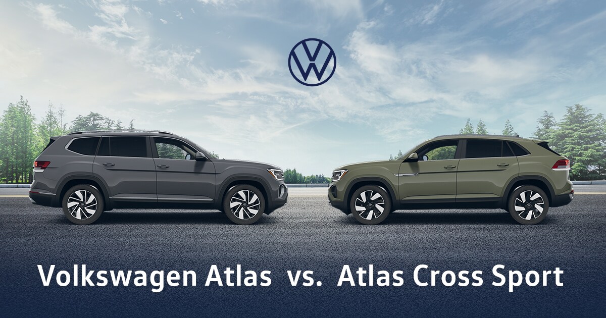2025-volkswagen-atlas-vs-atlas-cross-sport.jpg Volkswagen Atlas and Atlas Cross Sport facing each other in front of a natural background