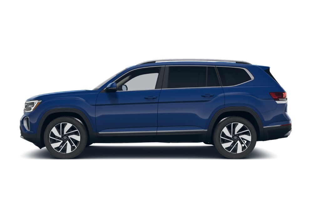 volkswagen-atlas-specs.png Driver's side view of a 2025 Volkswagen Atlas in front of a white background. The SUV is dark blue