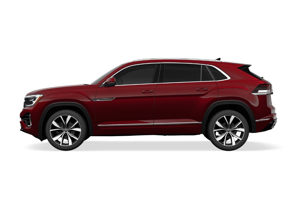 volkswagen-atlas-cross-sport-specs.png Red 2025 Volkswagen Atlas Cross Sport in front of a white background